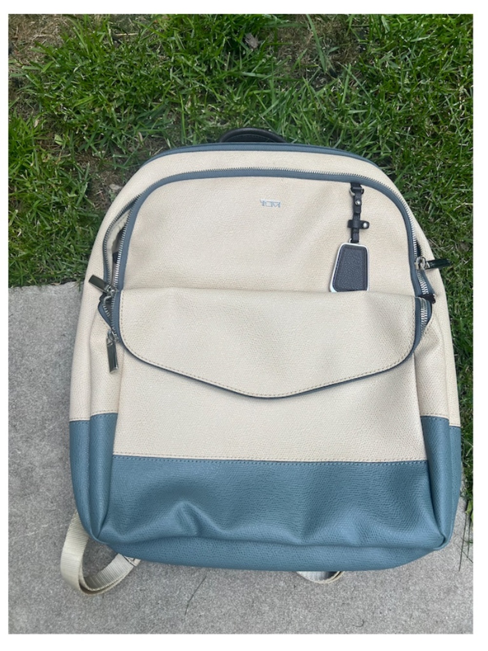TUMI Laptop Backpack - cream pebble leather, gray trim
